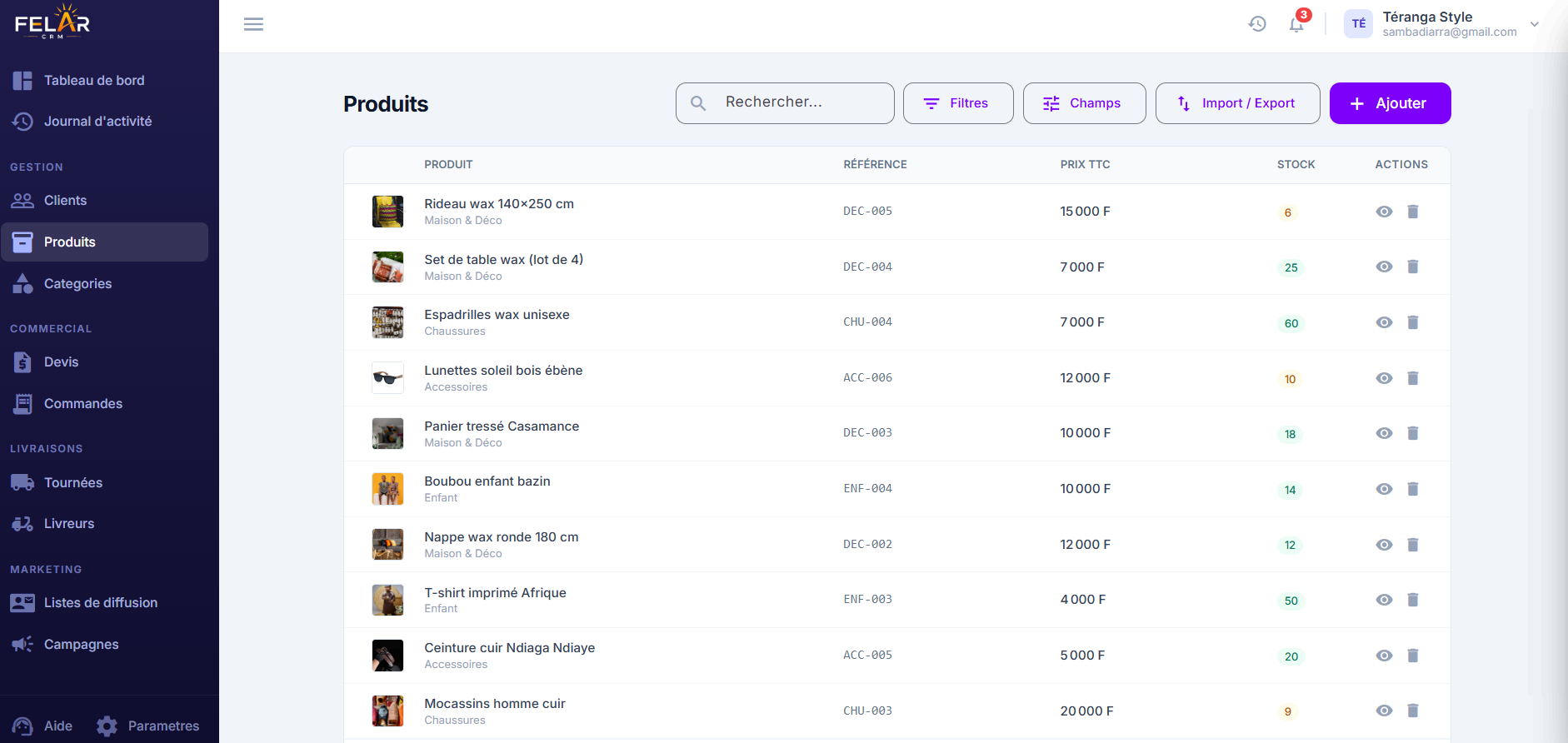 Liste des produits